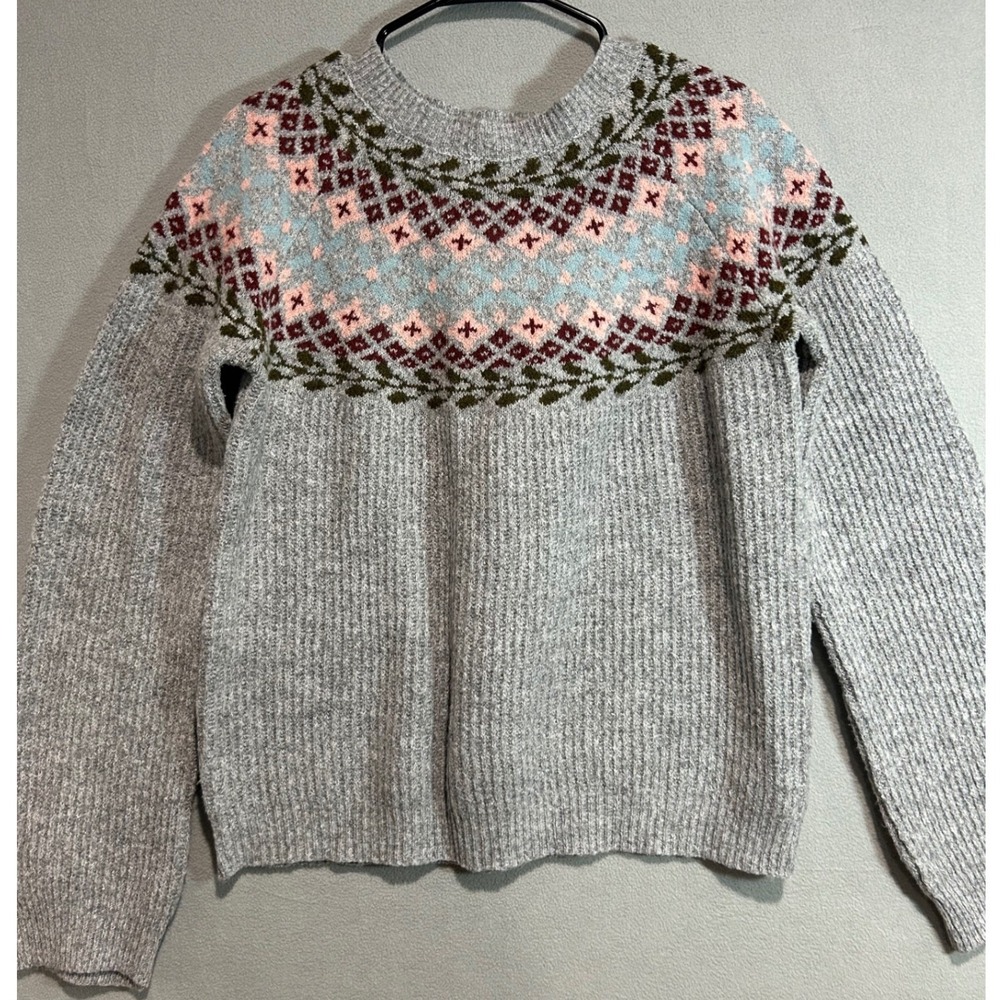 Fair Isle Sweater Women XL Gray Crew Neck Knit Pullover Nordic Cozy Grandma Core